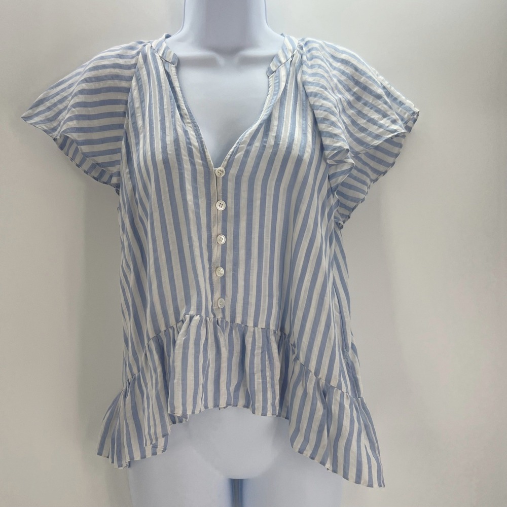 Veronica Beard Size 8 Blue White Striped Linen Silk Peplum Flutter Sleeve Blouse
